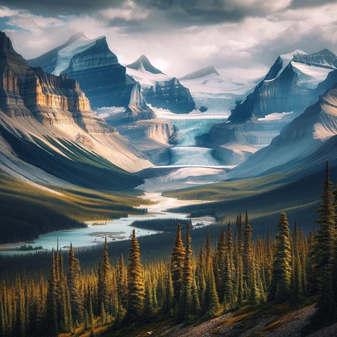 Jasper National Park, Alberta, Canada, showcasing its vast and rugged wilderness with towering mountains, dense forests, and the expansive Columbia Icefield.